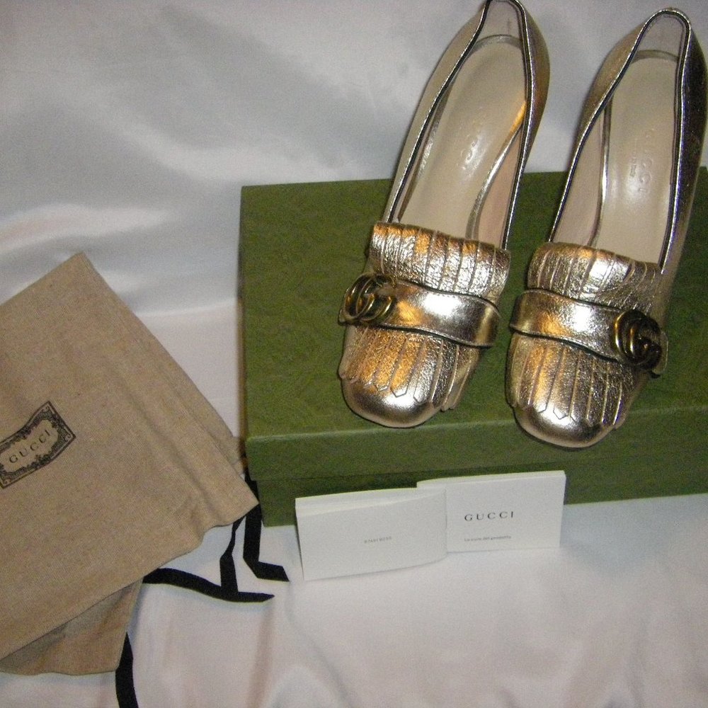 Gucci GG Marmont Fringed Pumps Metallic Gold Leather Women's Size 39 PRE-OWNED